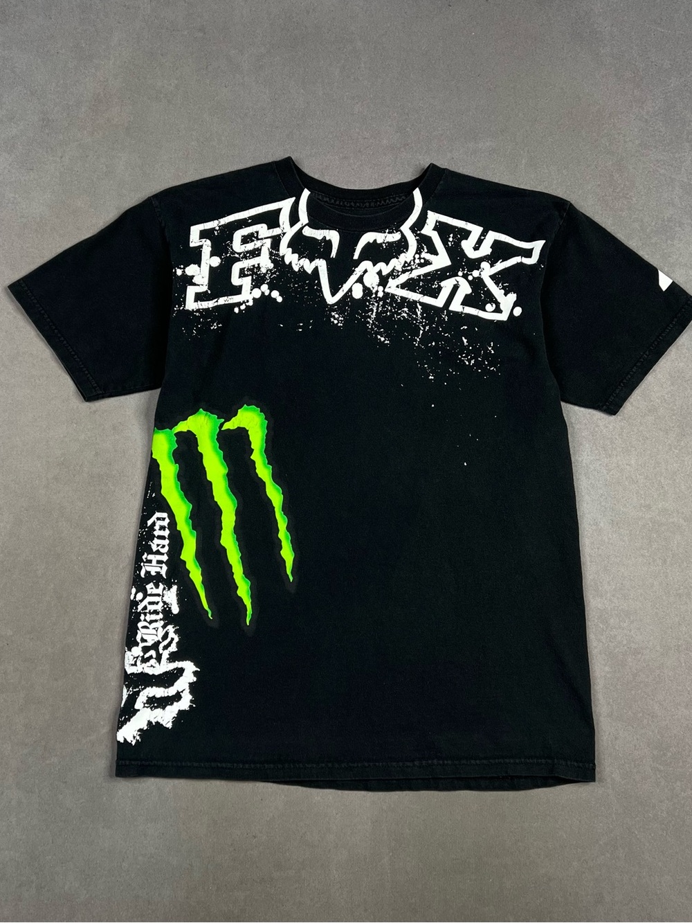 Fox Monster Black Short-Sleeve Tee with White Logo and Neon Green Graphic Y2K